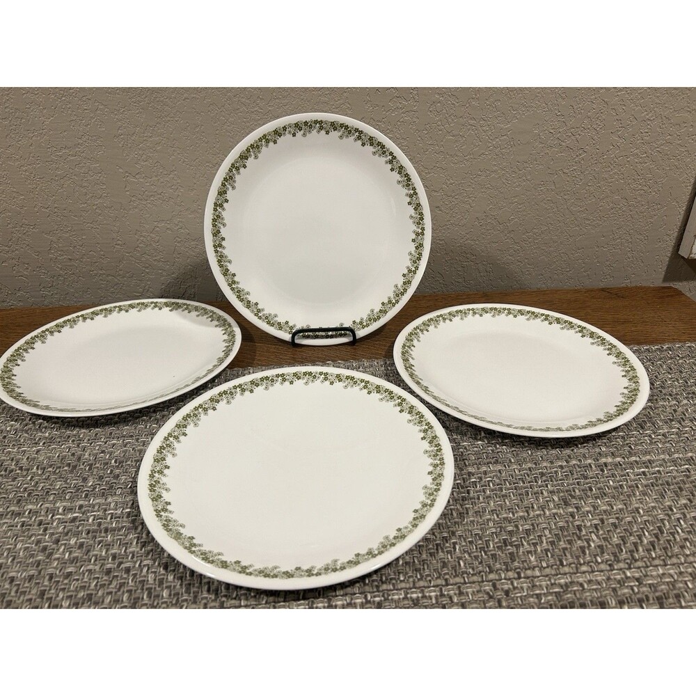 Corelle Pyrex Crazy Daisy Dinner Plates Green Floral Print 10.5” Diameter Set 4
